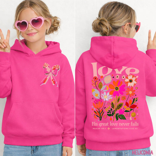 Youth Christian Heart Kids Sweatshirt, Boho Faith Crewneck, Bible Verse Love Never Fails Sweater