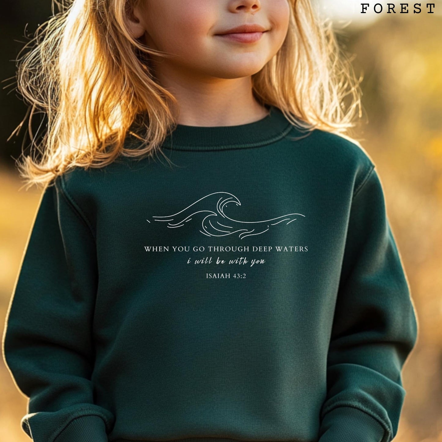 Youth Christian Bible Verse Sweatshirt, When You Go Through Deep Waters Isaiah 43:2 Crewneck, Religious Kids Sweatshirt 4461590491