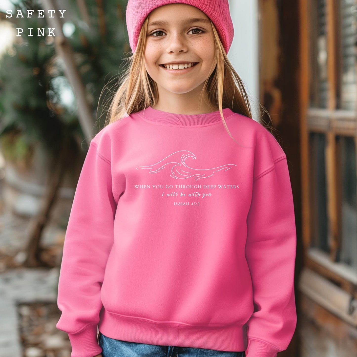 Youth Christian Bible Verse Sweatshirt, When You Go Through Deep Waters Isaiah 43:2 Crewneck, Religious Kids Sweatshirt 4461590491
